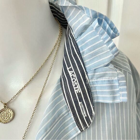 Lacoste UpCycled Handmade Blue Striped Ruffle Collar Button Down Shirt Size XS - Picture 3 of 16